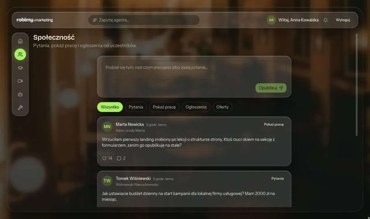 Społeczność: feed postów i komentarzy w platformie Marketing Lab